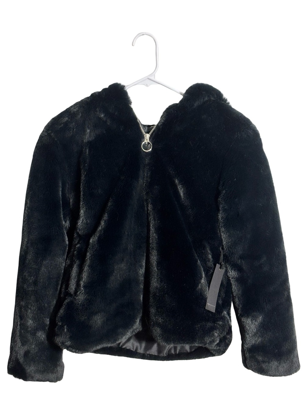 Black Faux Fur Hooded Jacket Coat Women’s Plush Soft Zip Front Y2K Glam - Picture 4 of 5